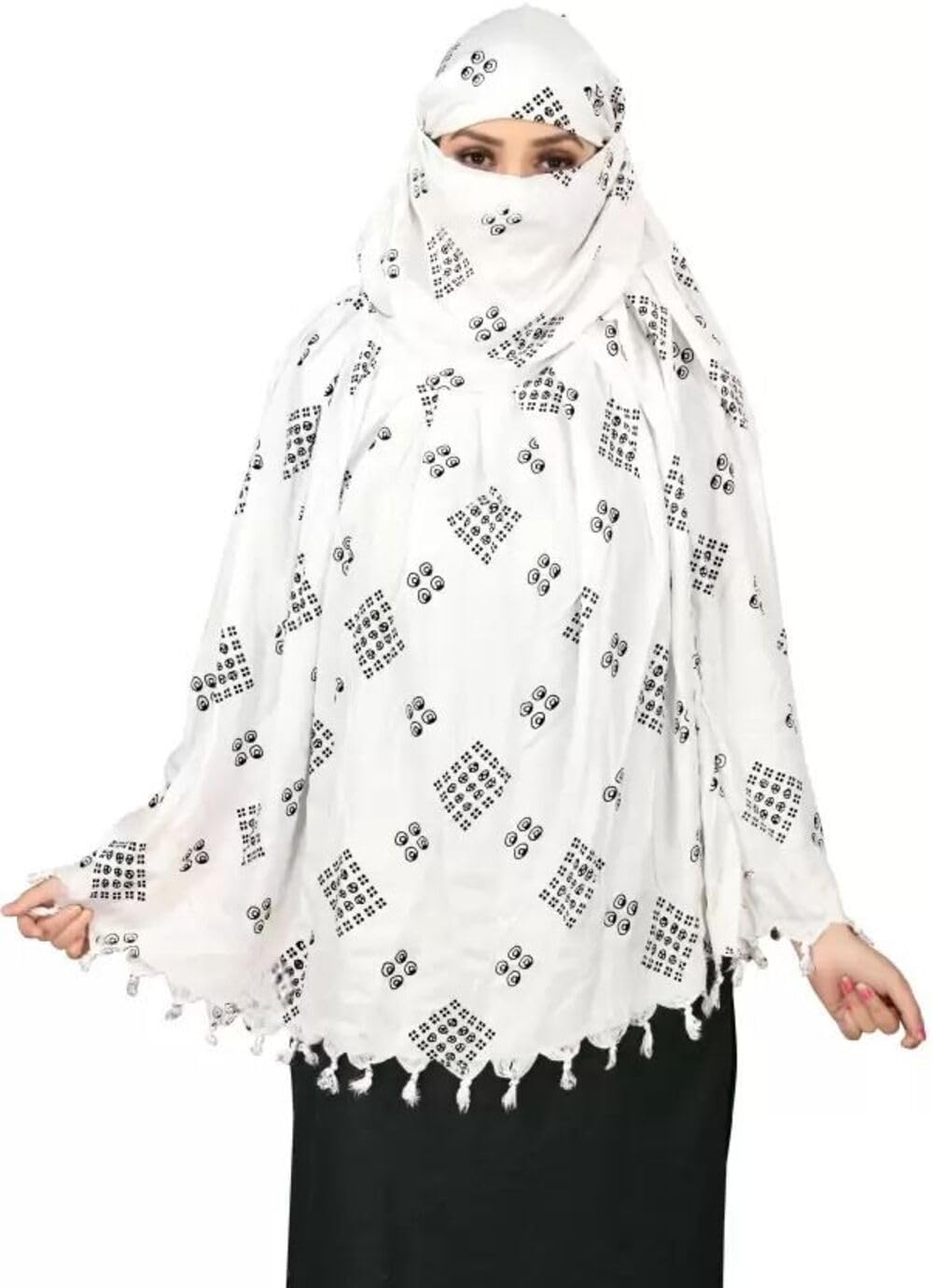 Vinsh Enterprise Cotton Long Scarf Cum Mask Scarves Usable for Vehicle Driver | White Printed Design | Universal Size | For Girl & Women | Soft & Breathable Sun Protection (Black Triangle)