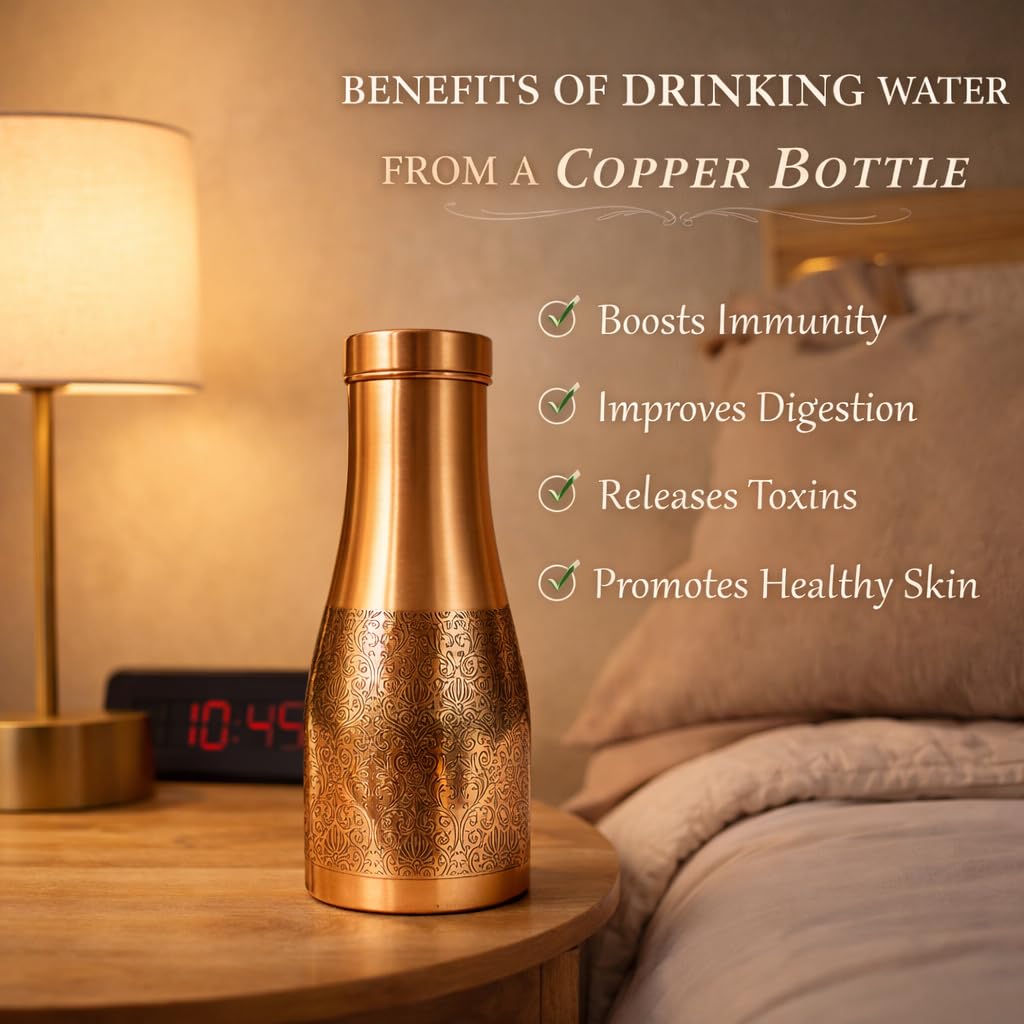JAIPUR ACE Premium Pure Copper Water Bottle Designer Engraved Leak Proof Ayurvedic Drinking Bottle for Health Benefits Stylish Kitchen Office Use Ideal Gift for Weddings and Occasions(Royal Etching)
