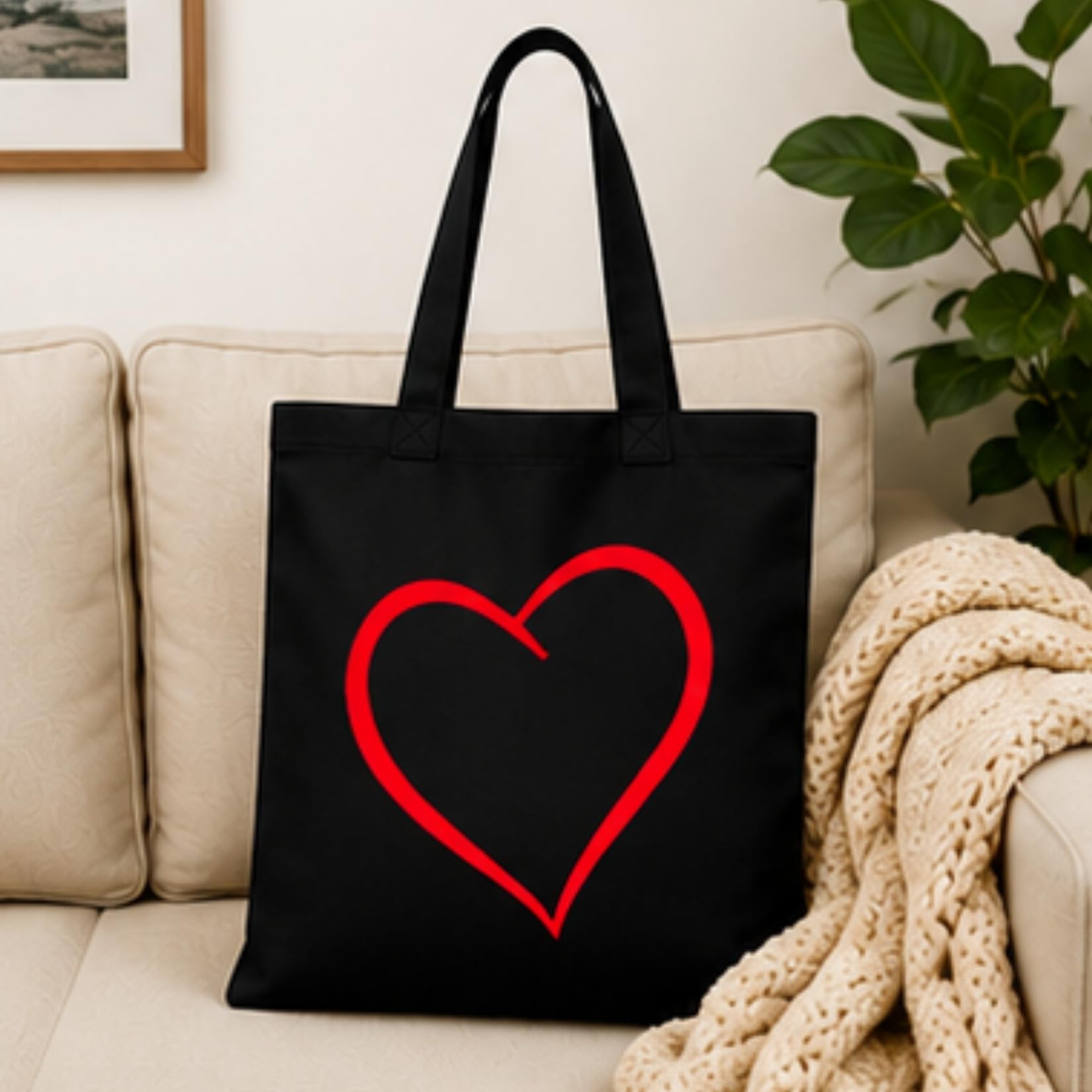 Adorvue New Launch Black Canvas Tote Bag for Women with Minimalist Red Heart Print Art | Premium Cotton Reusable Shopping Shoulder Bag | Cute Eco-Friendly Tote for College, Office, Travel & Daily Use