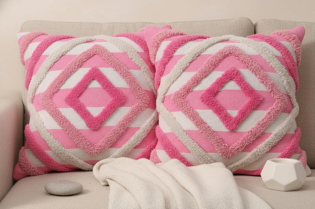 Furnistitchs Premium Decorative Throw Cushion Pillow Cover Boho Home Decor - Living Room Bedroom Couch Sofa Cushion Covers 16 inch x 16 inch (2, Cream Geometry)