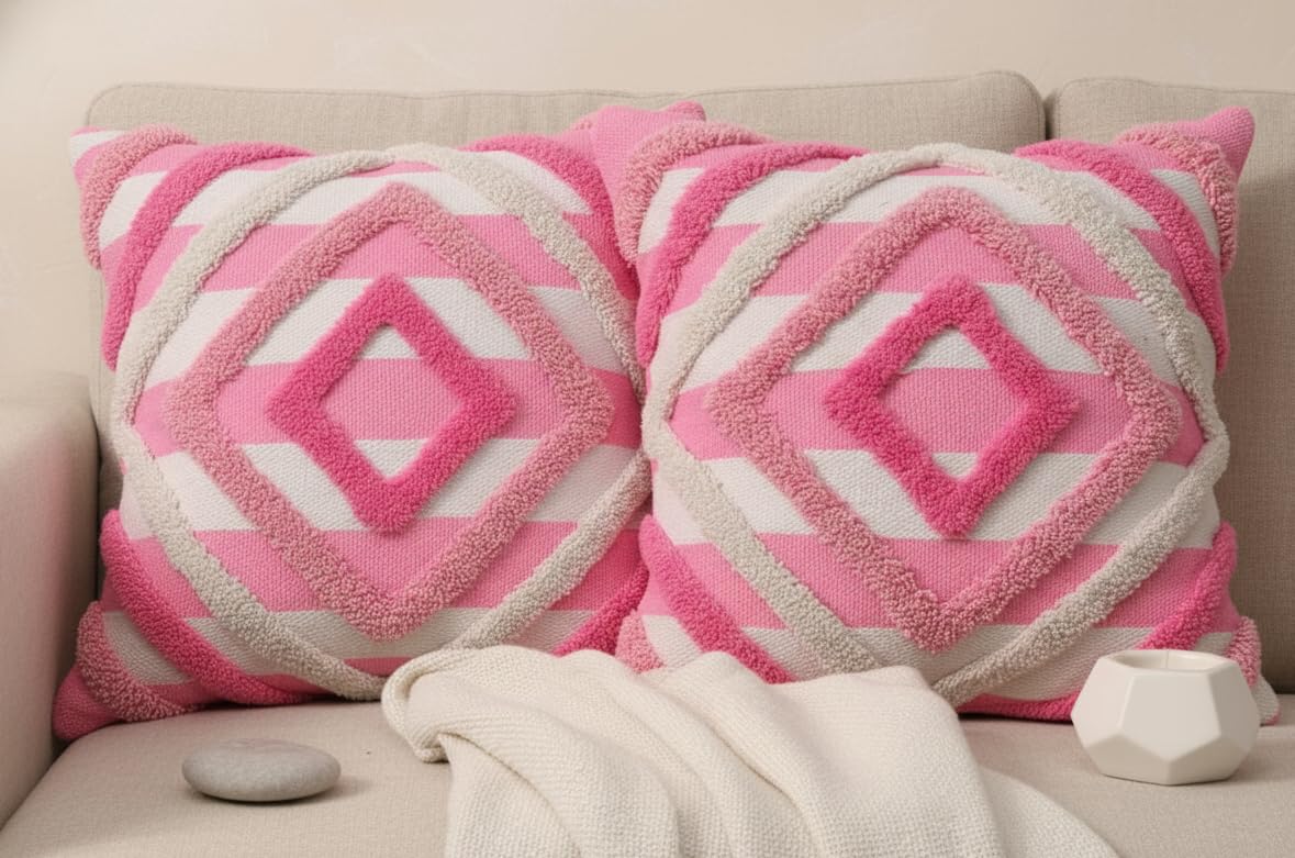 Furnistitchs Premium Decorative Throw Cushion Pillow Cover Boho Home Decor - Living Room Bedroom Couch Sofa Cushion Covers 16 inch x 16 inch (2, Cream Geometry)