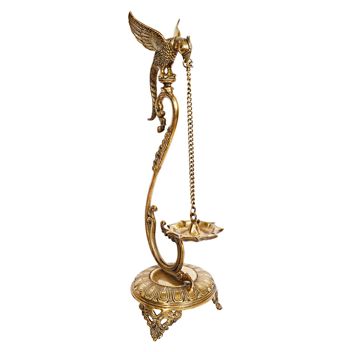 ARTVARKO Brass Parrot Hanging Diya 24 Inch | Peacock Design Oil Wick Lamp Deepak for Pooja Room, Home Temple, Diwali Decoration & Spiritual Home Décor | Brass Hanging Lamp Gift