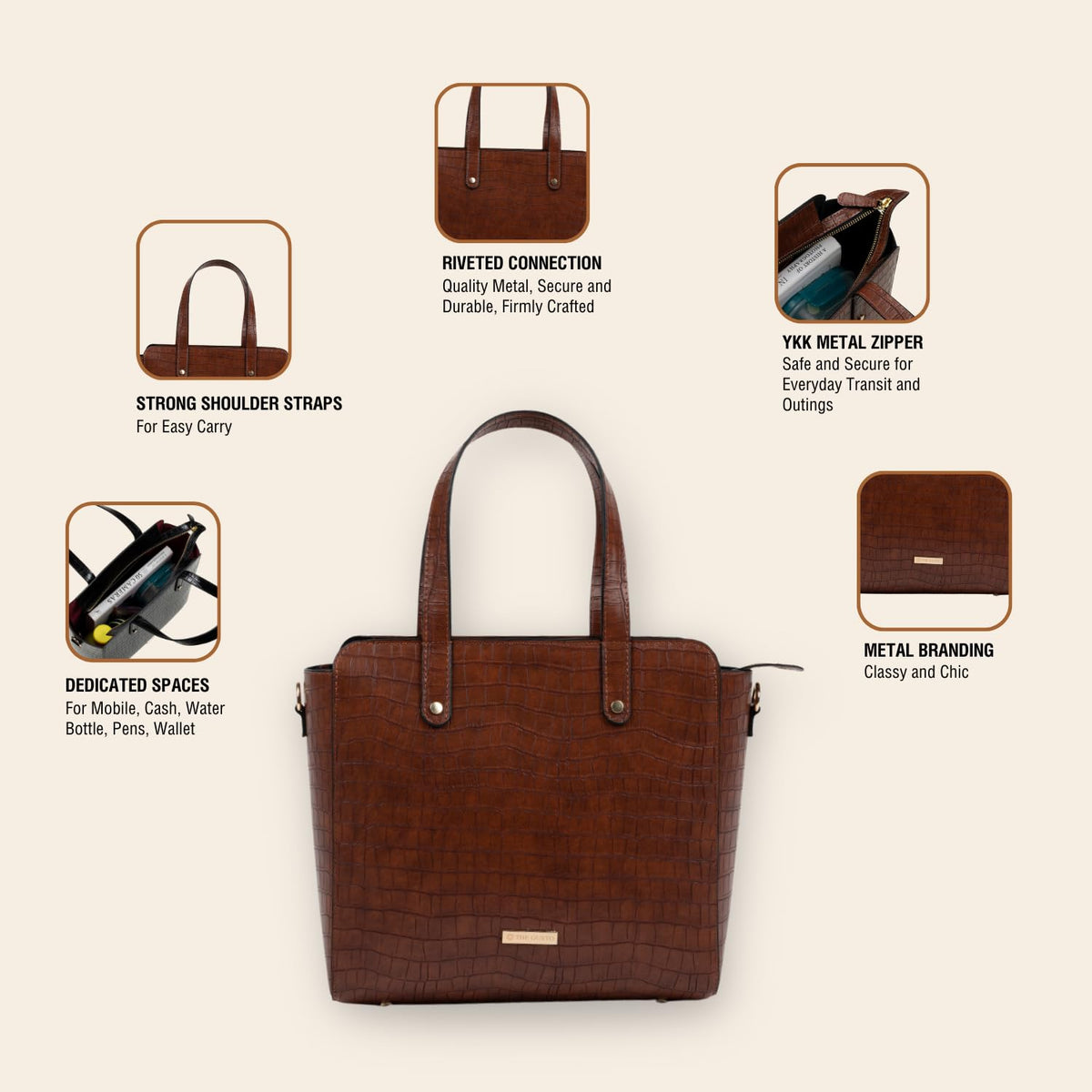 The Gusto Beyond+ Croco Mini-Premium Faux Leather Small Tote Bags For Women Stylish Handbag For Women With Zip Closure Fit For Office Bag, College, Casual Use Handcrafted, Cruelty Free, Tan