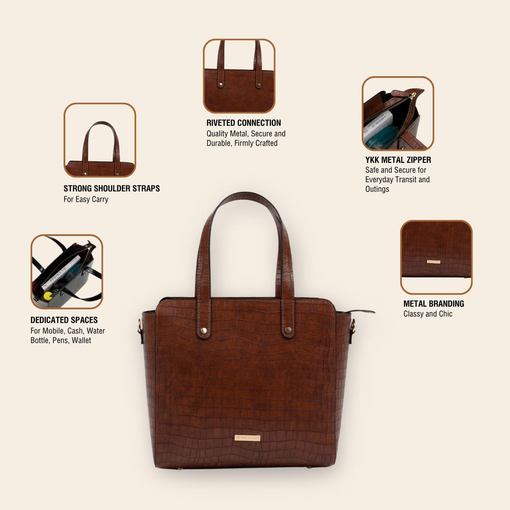 The Gusto Beyond+ Croco Mini - Premium Faux Leather Small Tote Bags for Women | Stylish Handbag for Women with Zip Closure | Fit for Office Bag, College, Casual Use | Handcrafted, Cruelty Free (Wine)