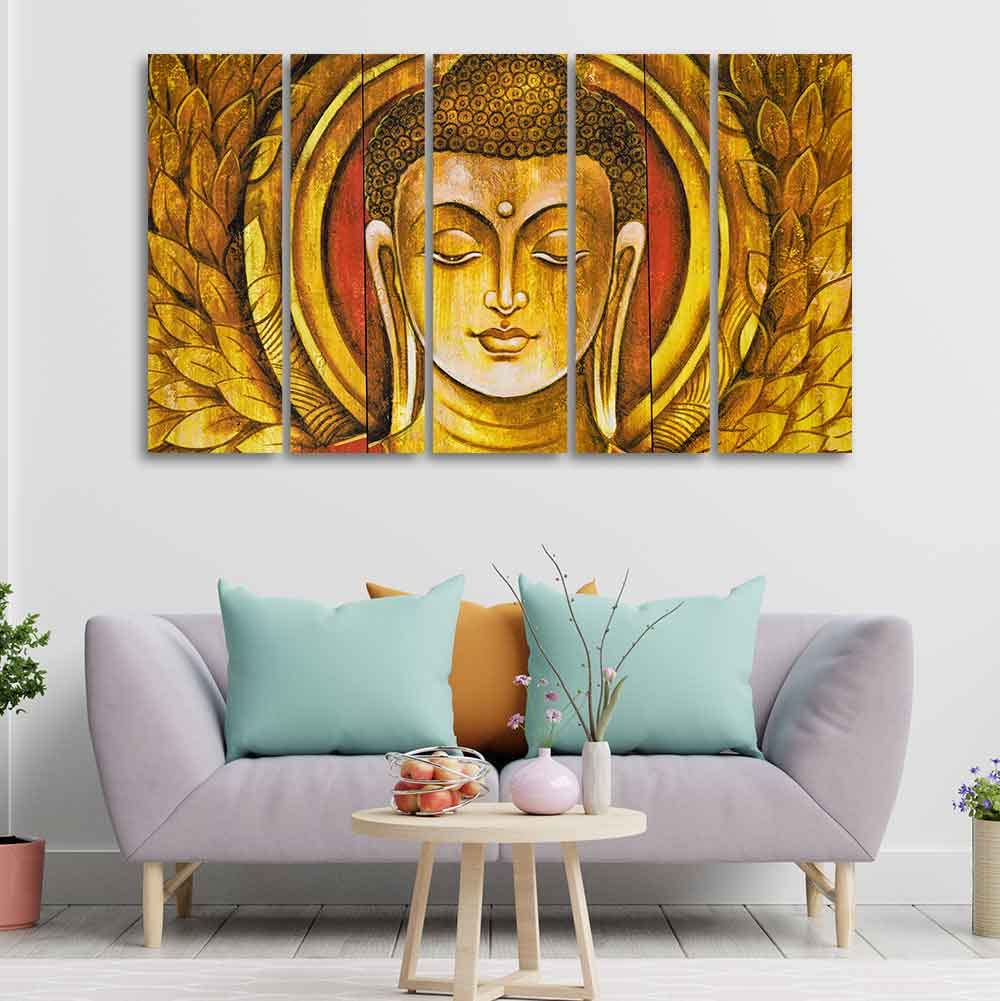 VIBECRAFTS Gautam Buddha Meditation Wall Painting of Five Pieces For Home|Office|Living Room|Gift (PTVC5Pcs4_8686)