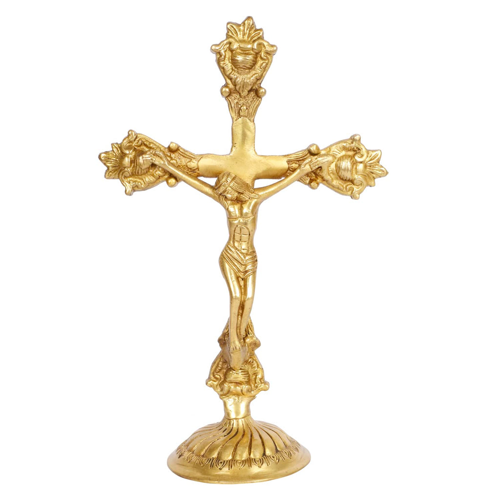 ARTVARKO Holy Cross Jesus Christ Brass Idol for Home Living,Prayer Room Gifting and Decoration Gold 11 Inch Standard, Pack of 1.