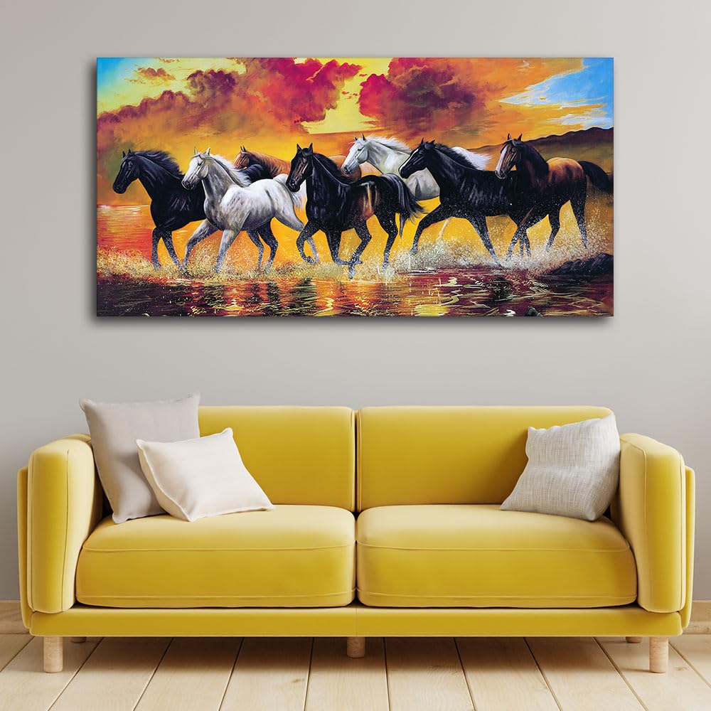 VIBECRAFTS Canvas Paintings for Living Room Drawing Room Panoramic Running Seven Horses Abstract Wall Painting Fitted with Wooden Frame for Home|Office|Gift(PTVCH_2271N)