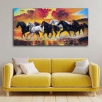 VIBECRAFTS Canvas Paintings for Living Room Drawing Room Panoramic Running Seven Horses Abstract Wall Painting Fitted with Wooden Frame for Home|Office|Gift(PTVCH_2271N)