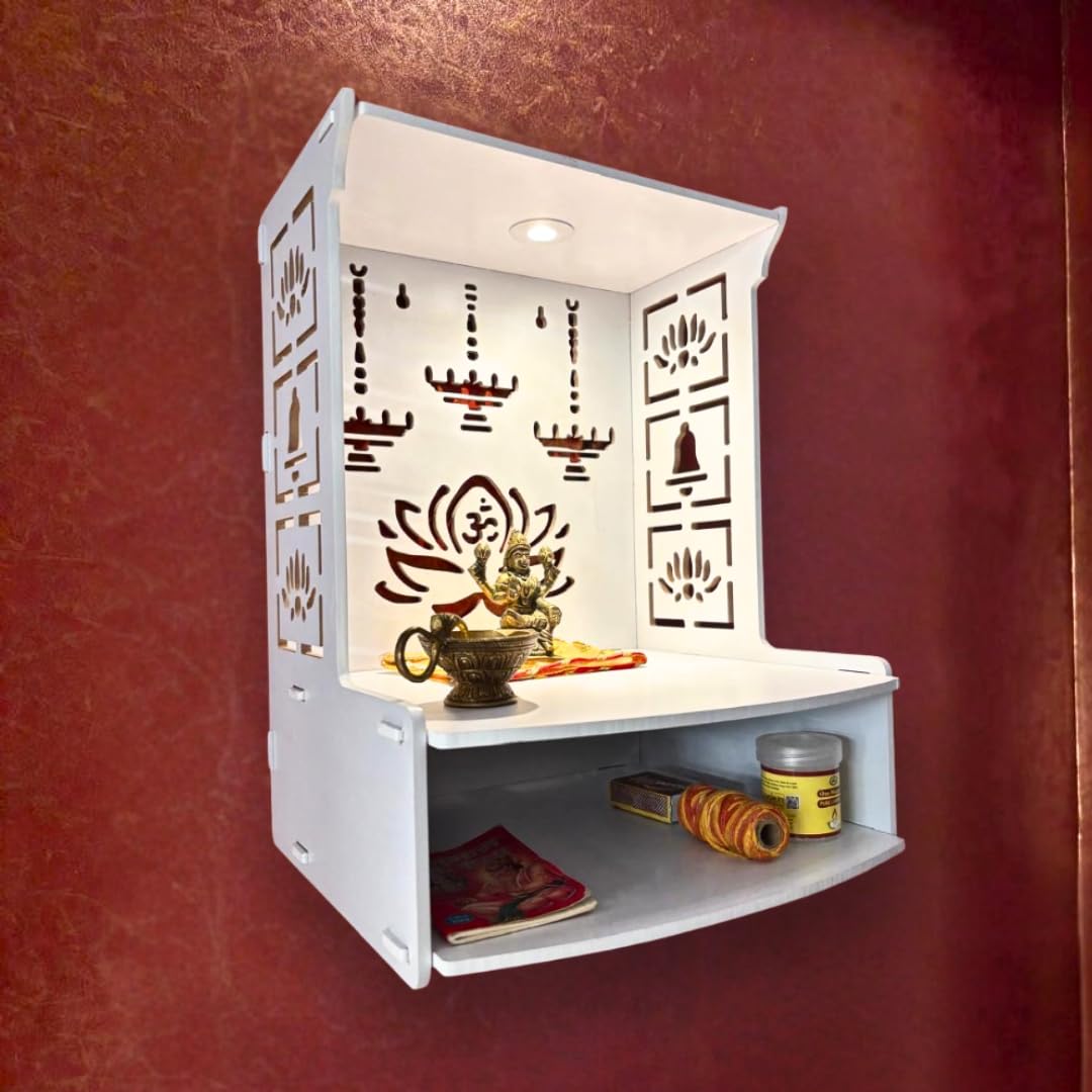 Homscape Modern Wooden Wall Mounted Temple for Home, Office, Living Room | White Pooja Mandir with LED Light & Storage Shelf | Small Wooden Temple 15.8 Height | Home Temple Decor with Storage Cabinet