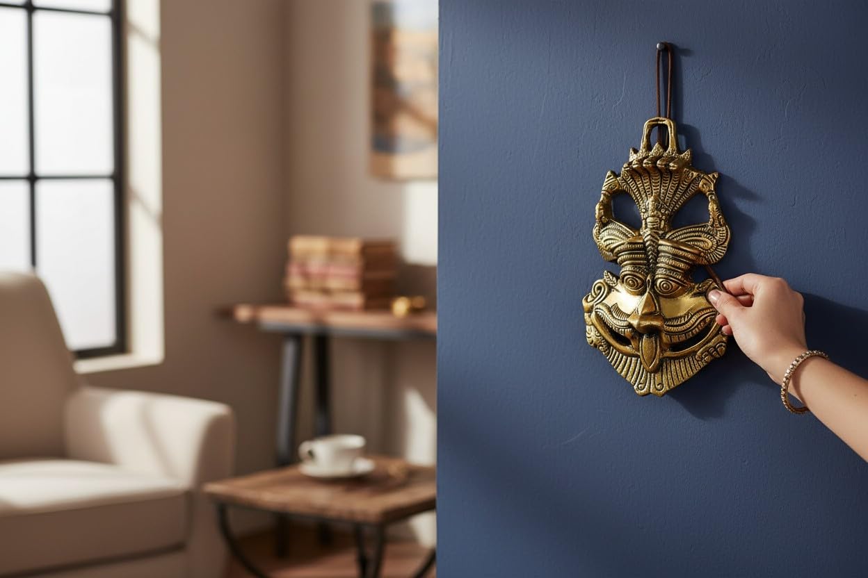Kridaykraft Metal Feng Shui Vastu Showpiece Nazar Battu with Naag Ganesha Suraksha Kawach Mask for Evil Eye Protection for Home, Office Wall & Door Hanging (Gold, Medium) - 9.5 Cm
