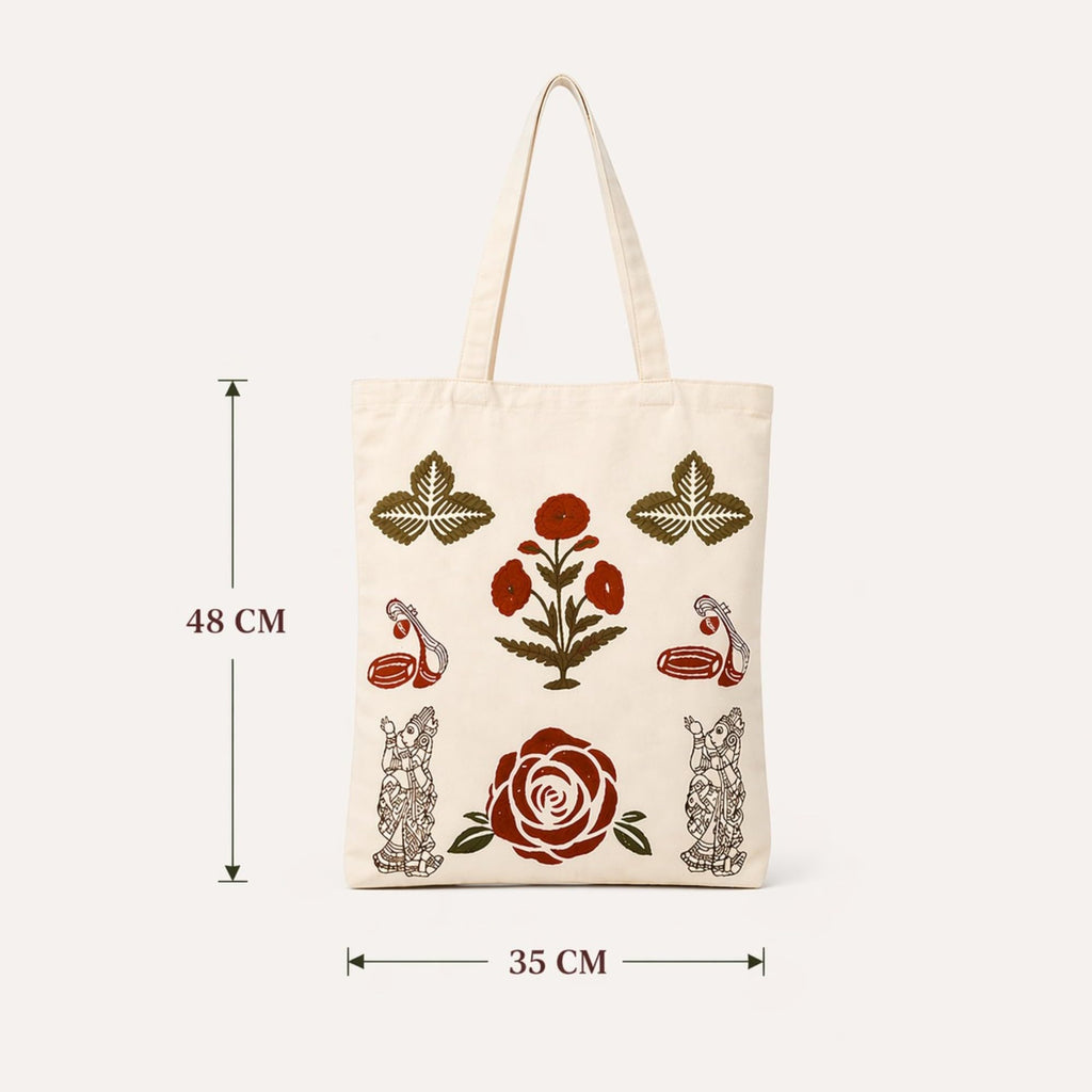 Neelkanth Imprint Hand Printed Floral Cotton Tote Bag, Eco Friendly Canvas Shoulder Handbag for Shopping, Office & Daily Use