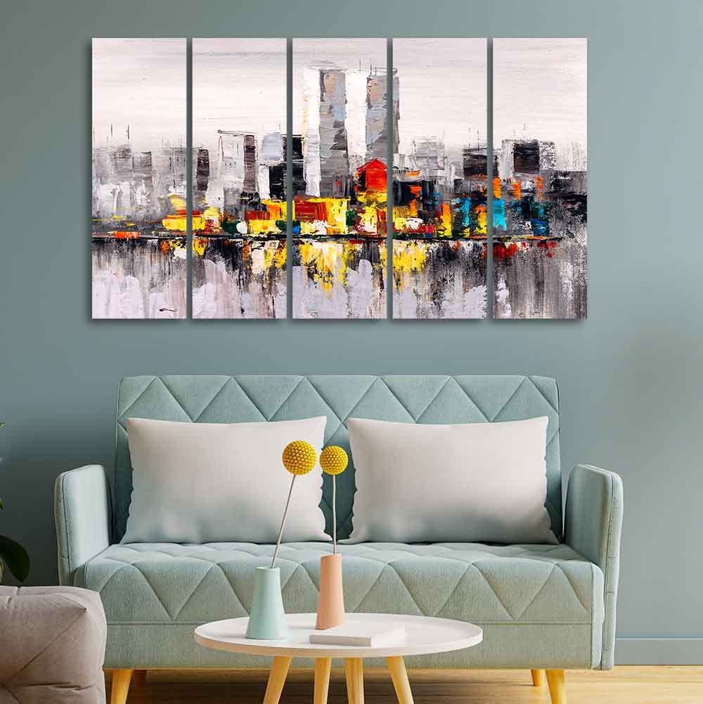 VIBECRAFTS Abstract Wall Painting of A New York City Skyline Five Pieces For Home|Office|Living Room|Gift (PTVC5Pcs4_8576)