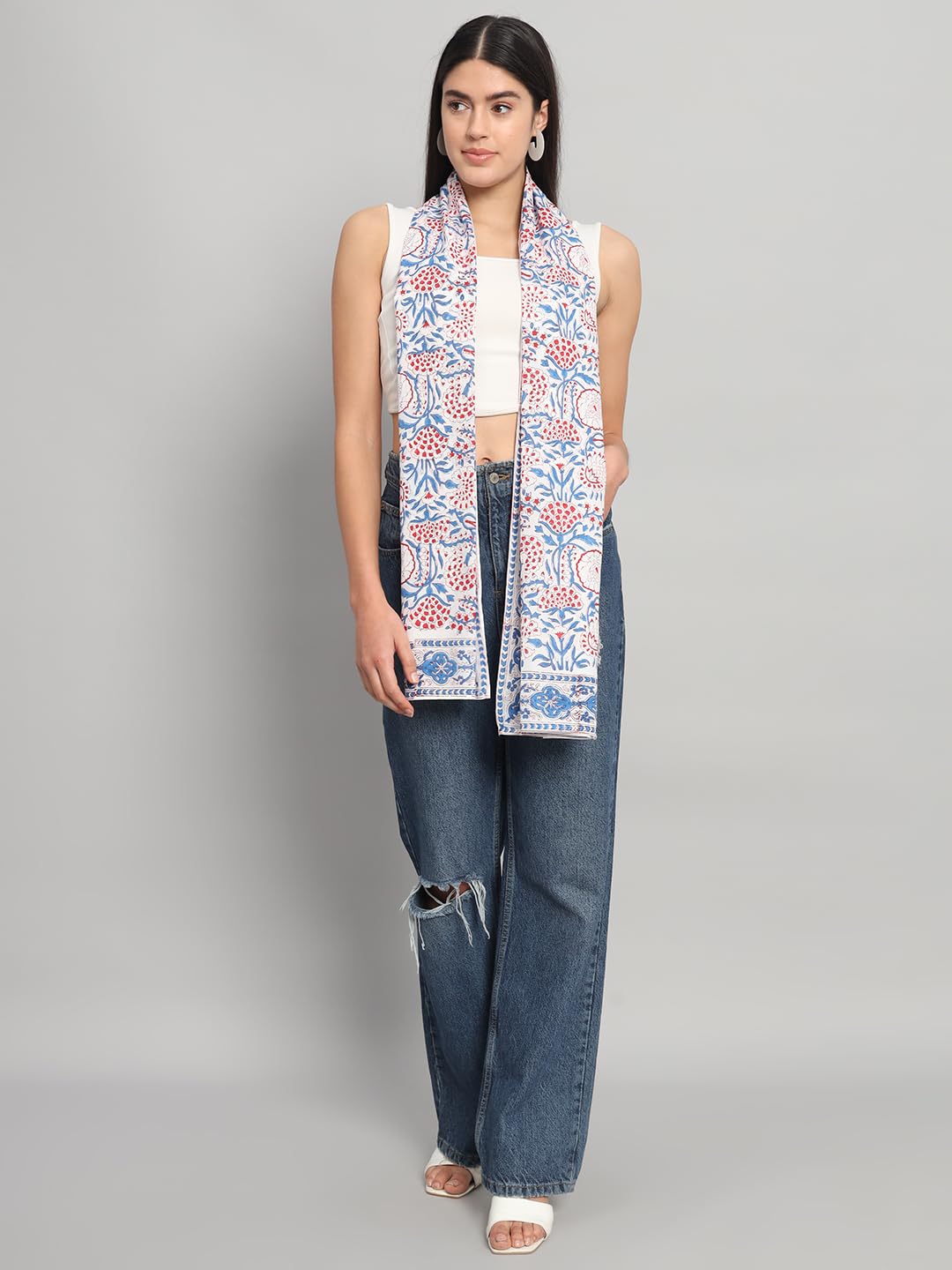 Ravaiyaa - Attitude is everything Female Cotton Women White & Red Hand Block Floral Printed Scarf 71 X 21 Inch