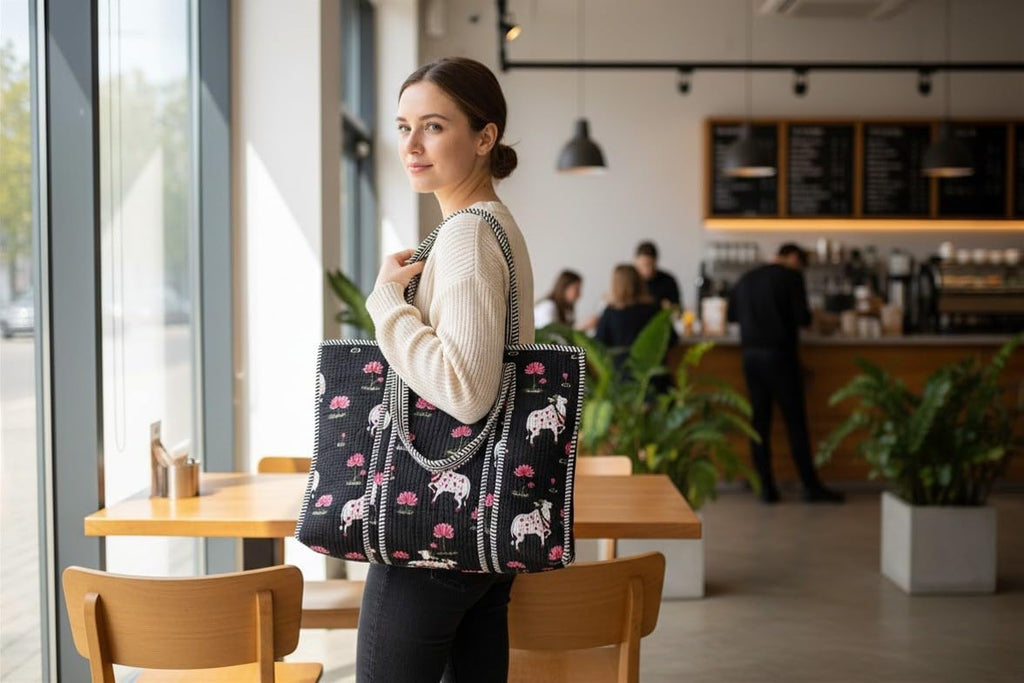 NAYASHI Big Size Printed Cotton Tote Bag | Pichwai Quilted Design | Inner & Mini Pocket | Heavy Metal Zipper | Shopping, Office & Travel | Midnight Black | 18 x 18 Inches