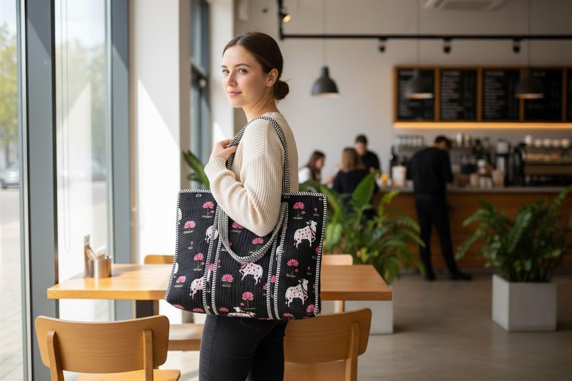 NAYASHI Big Size Printed Cotton Tote Bag | Pichwai Quilted Design | Inner & Mini Pocket | Heavy Metal Zipper | Shopping, Office & Travel | Midnight Black | 18 x 18 Inches