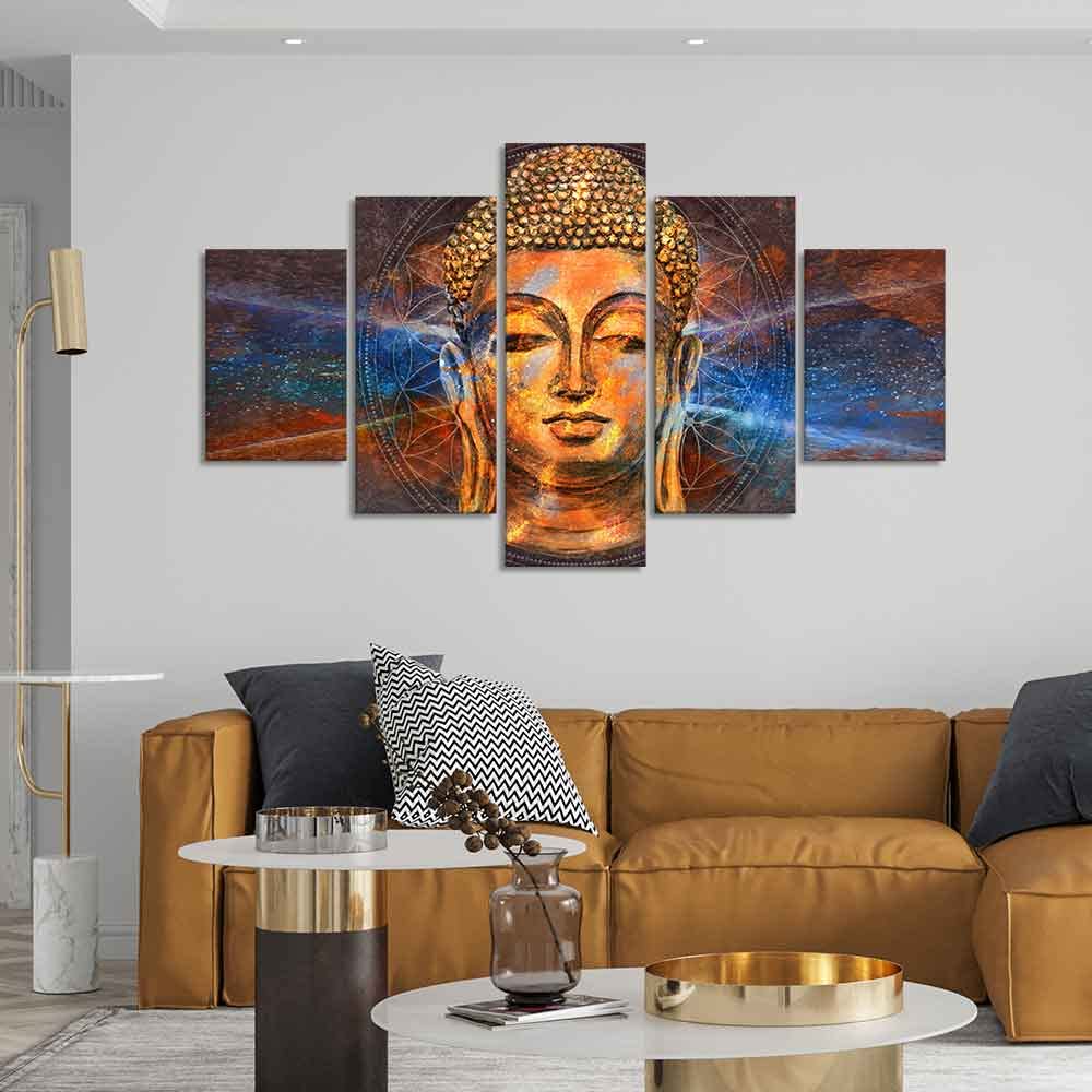 VIBECRAFTS Gautam Buddha Head Canvas Wall Painting of Five Pieces For Home|Office|Living Room|Gift (PTVC5Pcs1_5524)