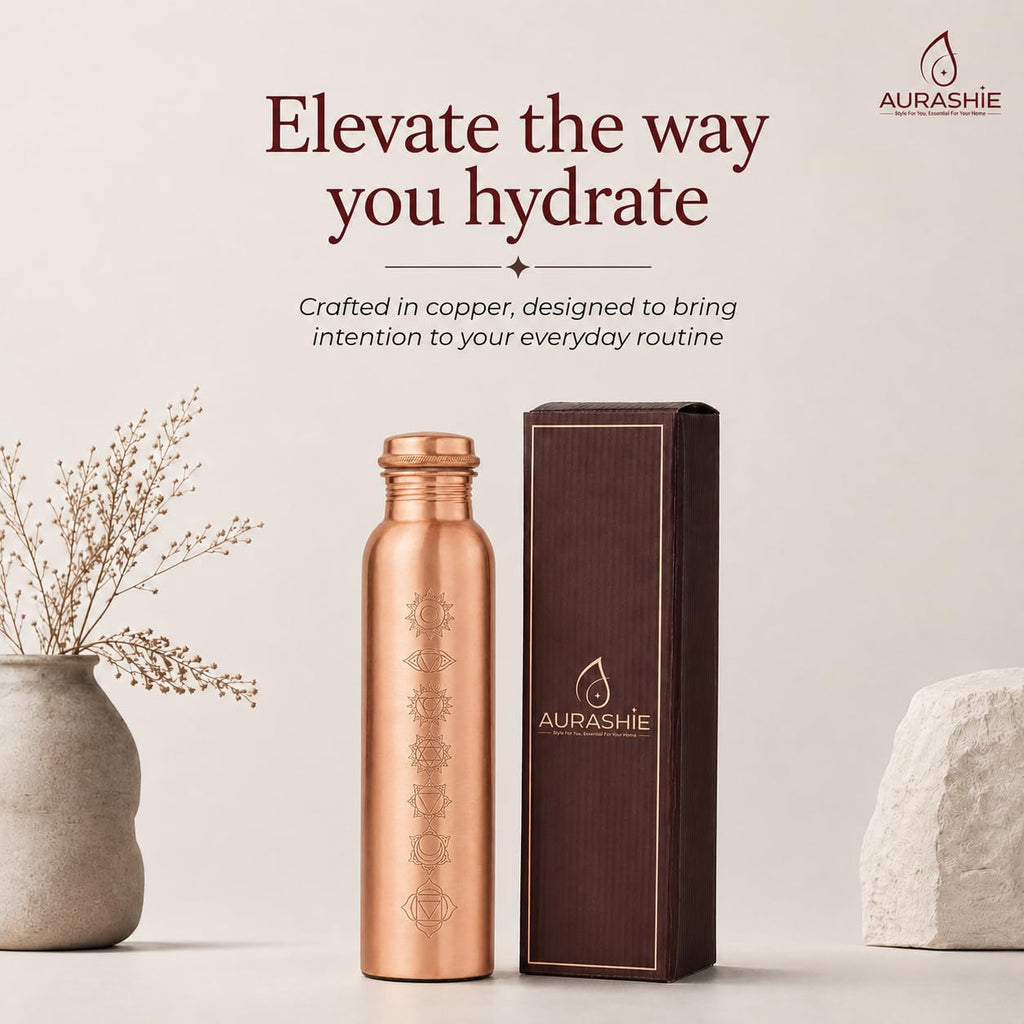 AURASHIE Pure Copper Water Bottle 1 Litre with Sacred (7 Chakras) Geometry Design | BPA Free & Leak Proof | Copper-Infused Water | Durable & Rust Proof | Ayurveda Health Benefits - (Plain Copper)
