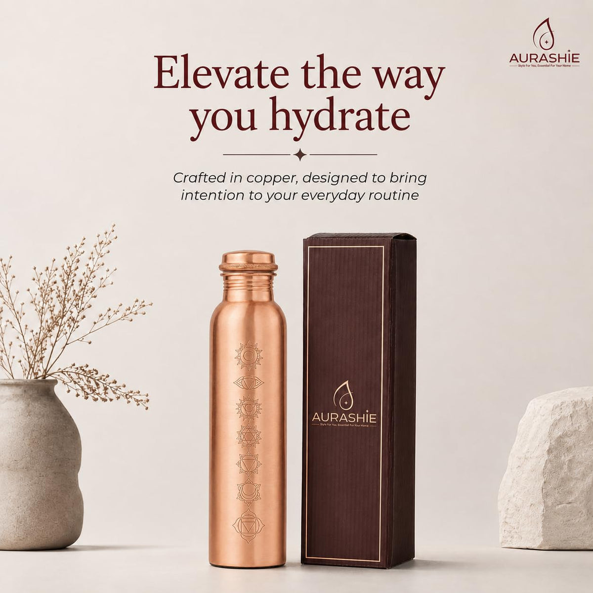 AURASHIE Pure Copper Water Bottle 1 Litre with Sacred (7 Chakras) Geometry Design | BPA Free & Leak Proof | Copper-Infused Water | Durable & Rust Proof | Ayurveda Health Benefits - (Plain Copper)