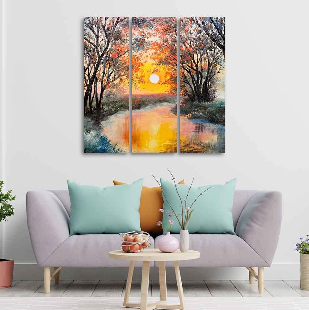 VIBECRAFTS Homcraft Beautiful Sunset At River 3 Pieces Canvas Wall Painting Fitted With Wooden Frame For Home | Office | Living Room | Gifts (PTVC3Pcs1_9522)