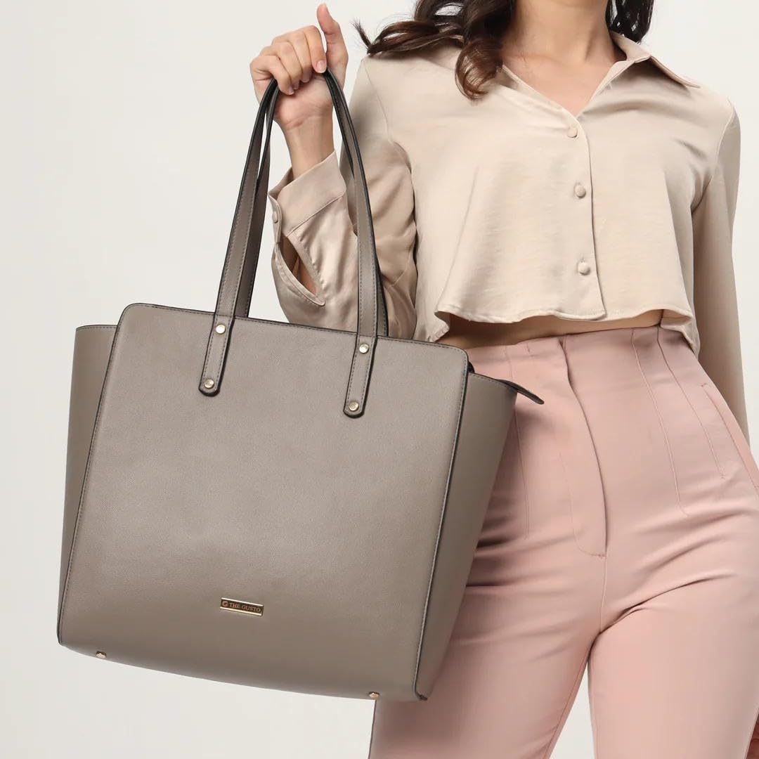 The Gusto Beyond Plus - Premium Vegan Leather Tote Bag for Women, Big Size, Grey | Stylish Handbag for women with Zip Closure | Fit for Office Bag, College, Travel Use | Handcrafted in India