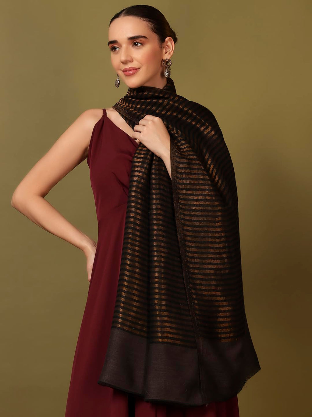 Pashmoda Women Golden Eclipse Reversible Zari Moonlight Fine Wool Stole (Size : 28x80in, 71X203cm) ZSST03