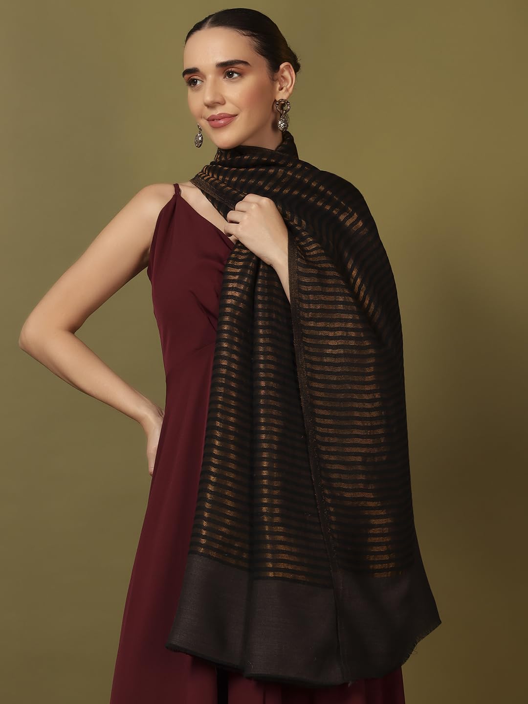 Pashmoda Women Golden Eclipse Reversible Zari Moonlight Fine Wool Stole (Size : 28x80in, 71X203cm) ZSST03