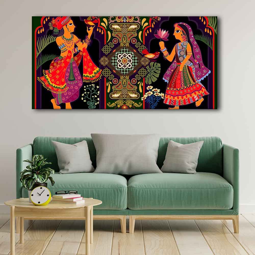 VIBECRAFTS Canvas Paintings For Living Room Drawing Room Man And Woman in Garden Rajasthani Pictorial Wall Art Fitted with Wooden Frame for Home|Office|Gift(PTVCH_2257NN)