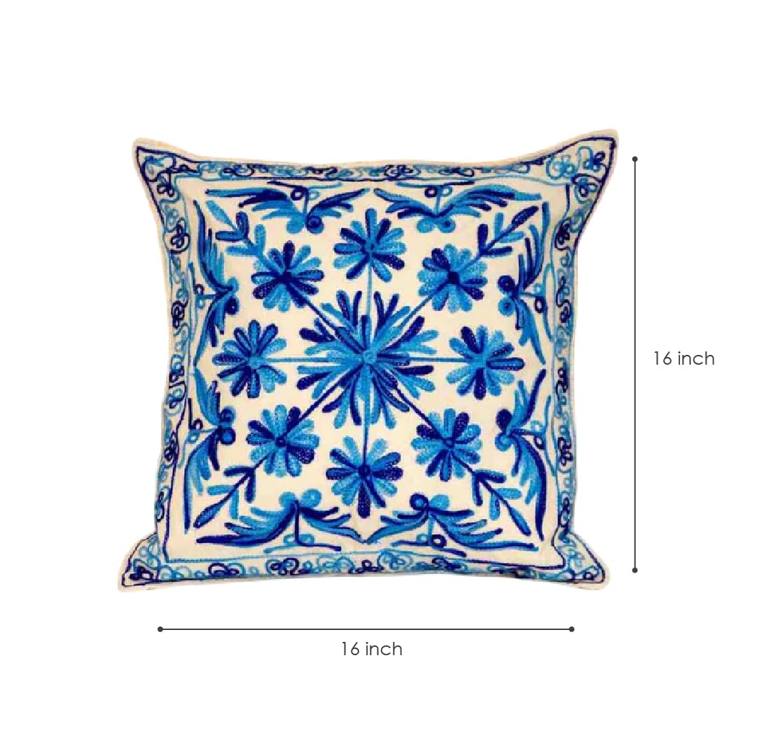 ATRANGI STUDIO Embroidered Cushion Covers - Set of 2 | Traditional Aari Embroidery | Threadwork Throw Pillow Covers with Zip Closure | Perfect for Sofa, Bed, Chair | 16x16 Inch, Blue