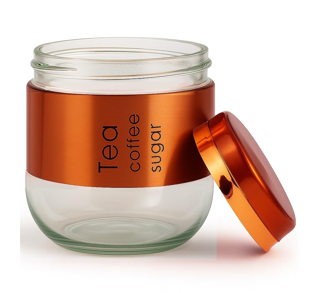 IndusBay® Pack of 1, 400ML Glass Food Storage Container with Stainless Steel Cover & Airtight Lid Kitchen Canister Set Coffee Tea Sugar Dry Fruits Cookie Glass Jar, Copper