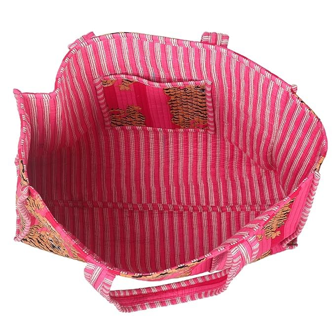 DecorAvenue Quilted Premium Cotton Printed Reversible Tote Bag Grocery Shopping Bag Travel Bags Carry Bag 18x15x5.5 Inch (Pink Cheetha)