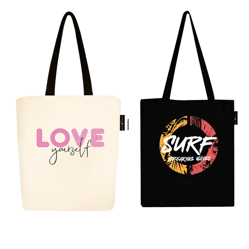 Peach Blossom Tote Bags With Zip, 100% Cotton Shopping/Grocery Bag, Multi-Purpose Canvas Bag 5kgs Capacity, Single Pack (Cbag_ZIP_WhiteloveYourself_BlackSurf)