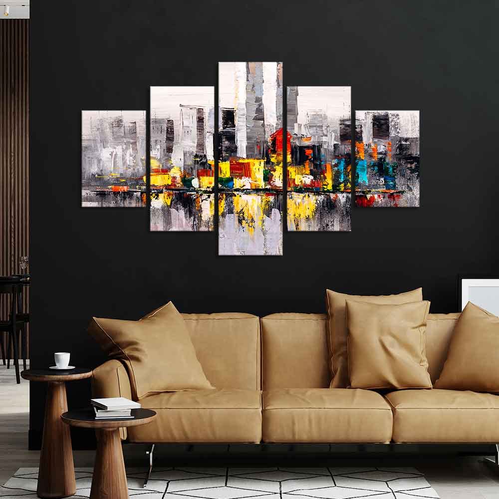 VIBECRAFTS Abstract Wall Painting Skyline of New York City Five Pieces For Home|Office|Living Room|Gift (PTVC5Pcs1_5514)
