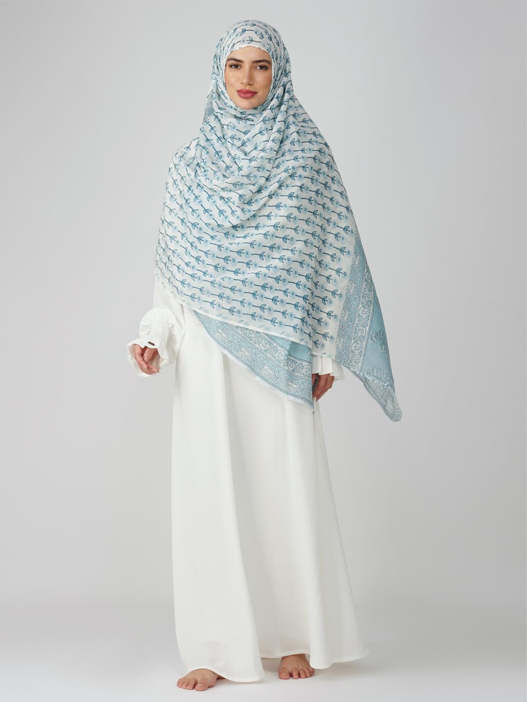ANAApparels ANA Amal Blue Floral Dupatta | 88 x 43 Inches – Premium Mulmul Cotton | Lace Border | Lightweight, Soft & Breathable