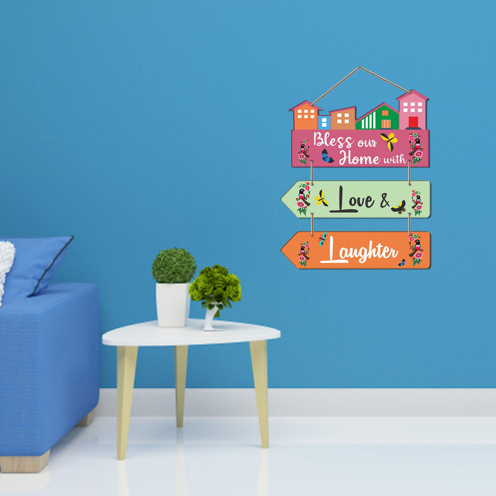 Artvibes Bless Our Home With Love & Laughter Decorative Wall Art MDF Wooden Wall Hanger for Living Room | Quotes Decor Item | Home Quotes Wall Hanging | Modern Decor Items | Wall Poster (WH_5809N)