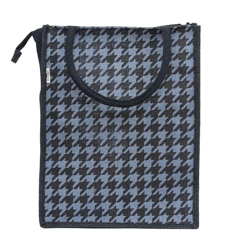 JUTEKA Teal Blue Houndstooth Printed Jute Lunch Bag - Grocery, Tote, Hand, Picnic Bag for Men, Women, Girls, Kids with Zip