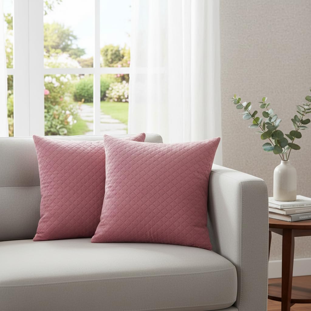 STITCHNEST Quilted Velvet Cushion Covers Set of 2 | Soft Peach | 18x18 Inches | Premium Sofa & Living Room Décor