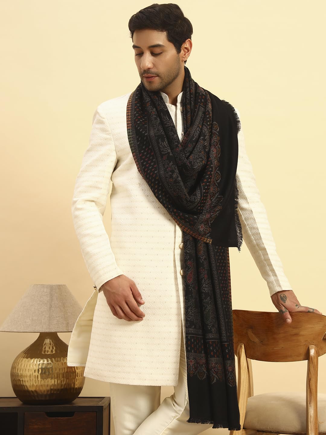 Pashmoda Men Paisley Harmony Kaani Stole, Authentic Kashmiri Luxury Pashmina Style Shawl, Stole, Small Size Gents Lohi, (Size 28x80 Inches,Black Color) MAVST10