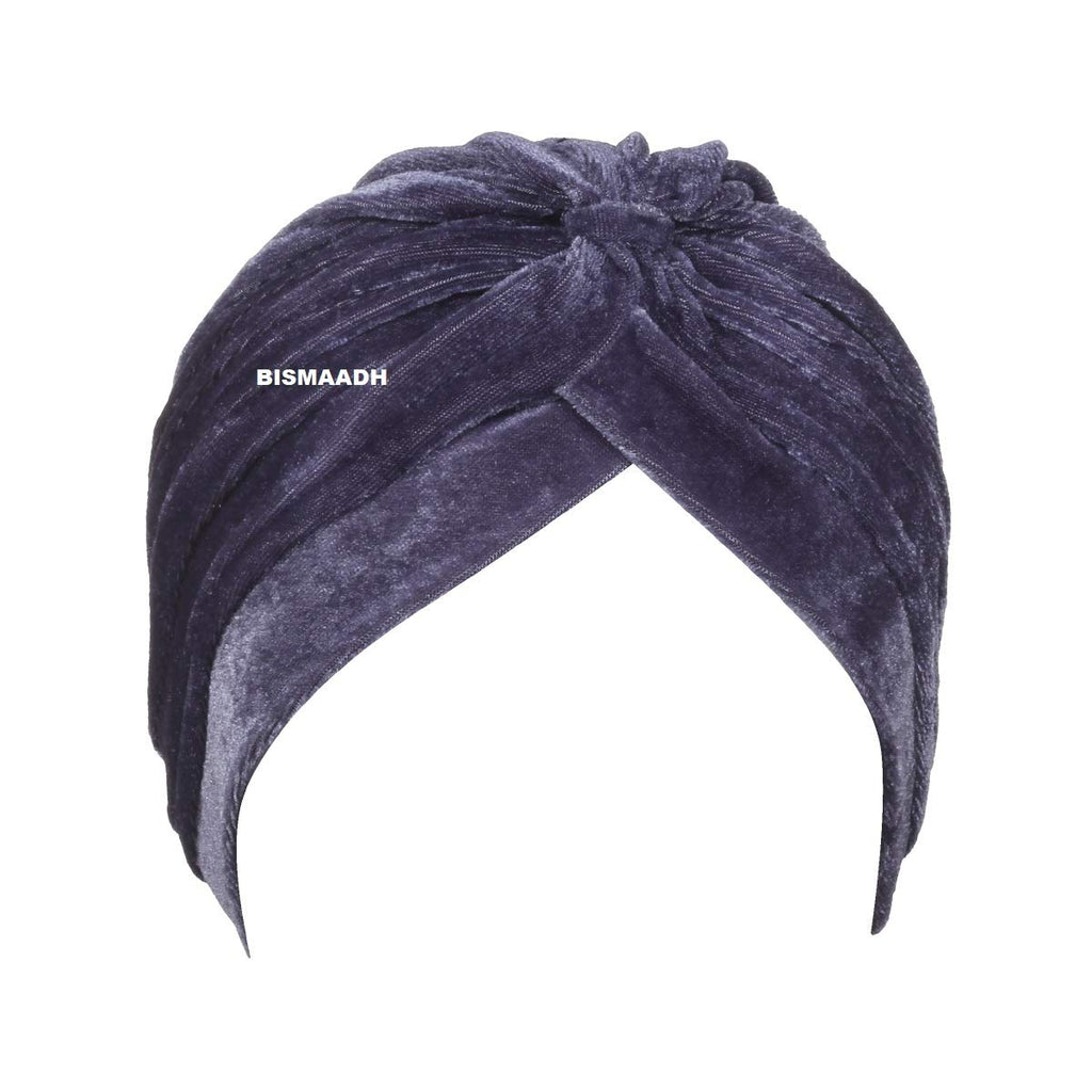 BISMAADH Velvet Soft Pleated Pre Tied Knot Readymade Turban/Pagri Head Wraps for Men & Women Grey