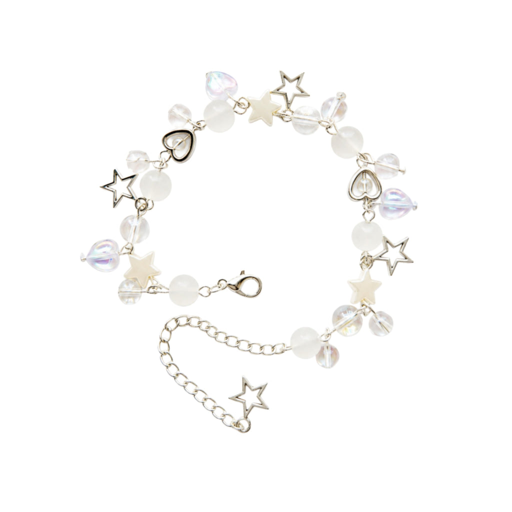Aesthetic White Crystal Charm Bracelet for Girls | Handmade Y2K Star and Heart Beaded Bracelet with Adjustable Extension Chain by LOOPITSHOP