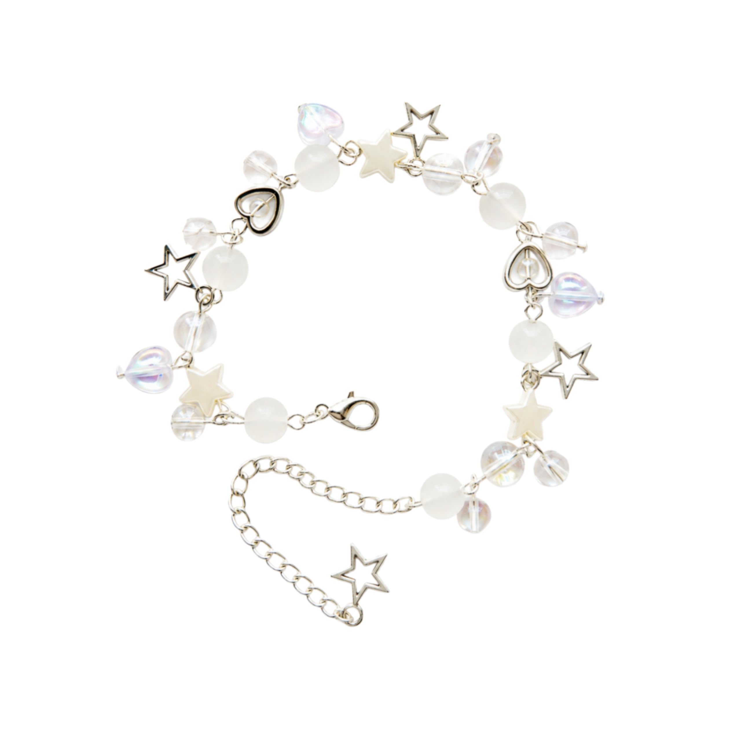 Aesthetic White Crystal Charm Bracelet for Girls | Handmade Y2K Star and Heart Beaded Bracelet with Adjustable Extension Chain by LOOPITSHOP