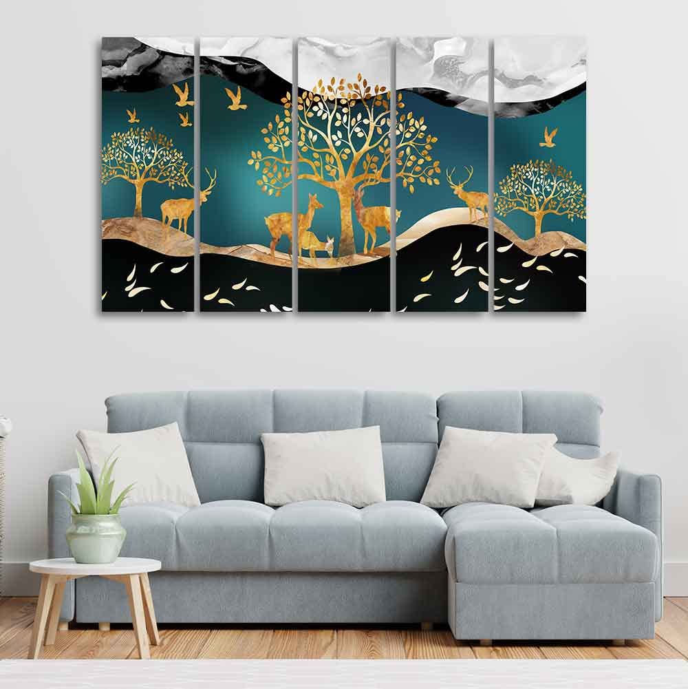 VIBECRAFTS Trees and Deer Canvas Wall Painting Set of Five For Home|Office|Living Room|Gift (PTVC5Pcs4_8593)