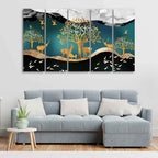 VIBECRAFTS Trees and Deer Canvas Wall Painting Set of Five For Home|Office|Living Room|Gift (PTVC5Pcs4_8593)
