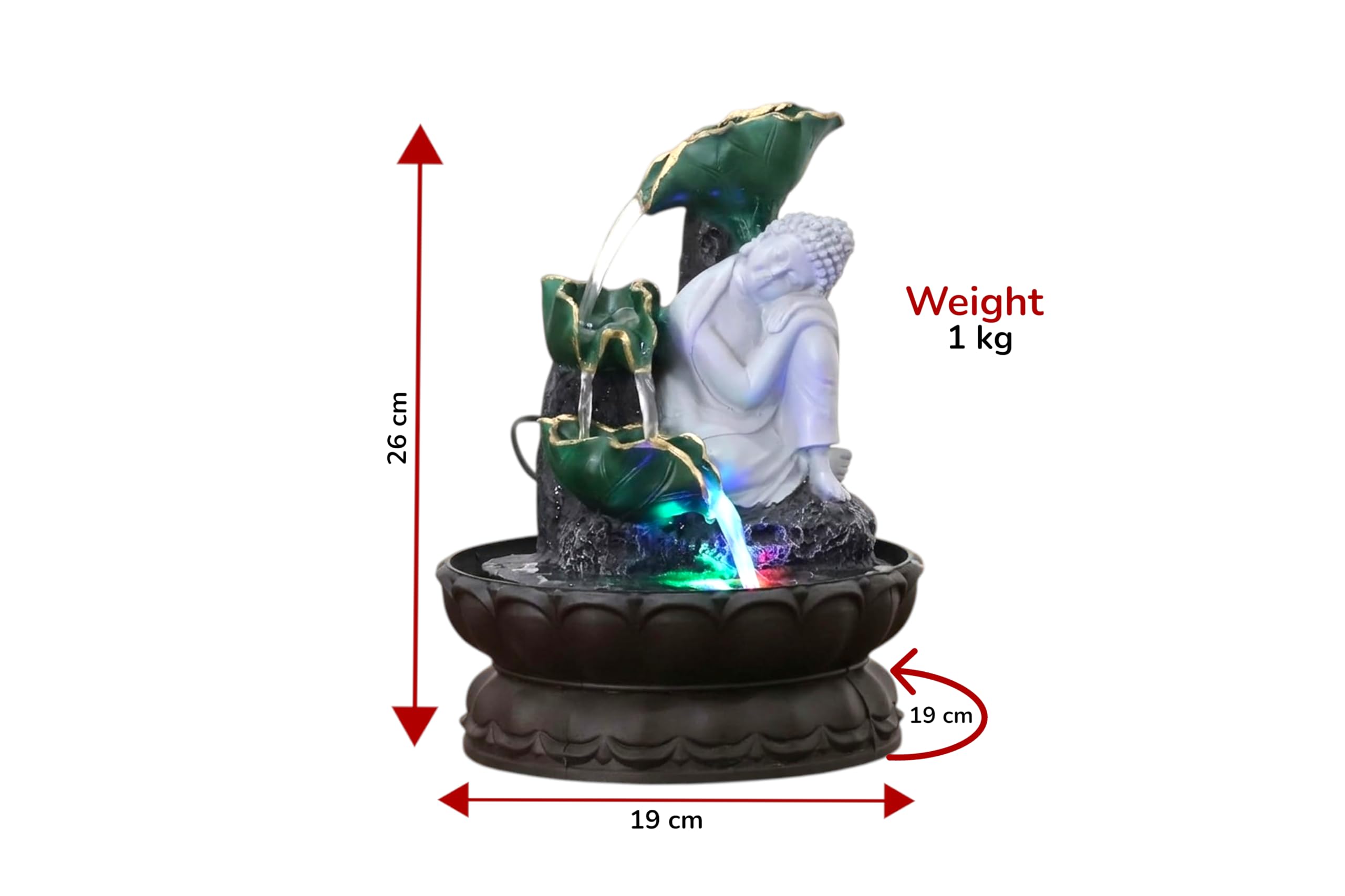 Kridaykraft Resting Buddha Tabletop Water Fountain with LED Lights – Decorative Indoor Waterfall Showpiece for Living Room, Office Desk & Meditation Decor (Multicolor)