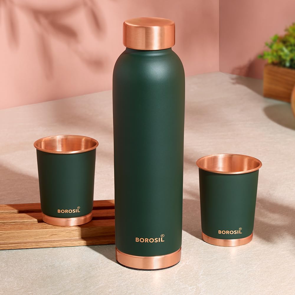 Borosil Eco Copper Bottle with Glass Set | 1L Bottle with 2 Tumbler (250 ml Each) | 100% Pure Copper with Anti-Oxidant Properties of Copper for Daily Use (Green)