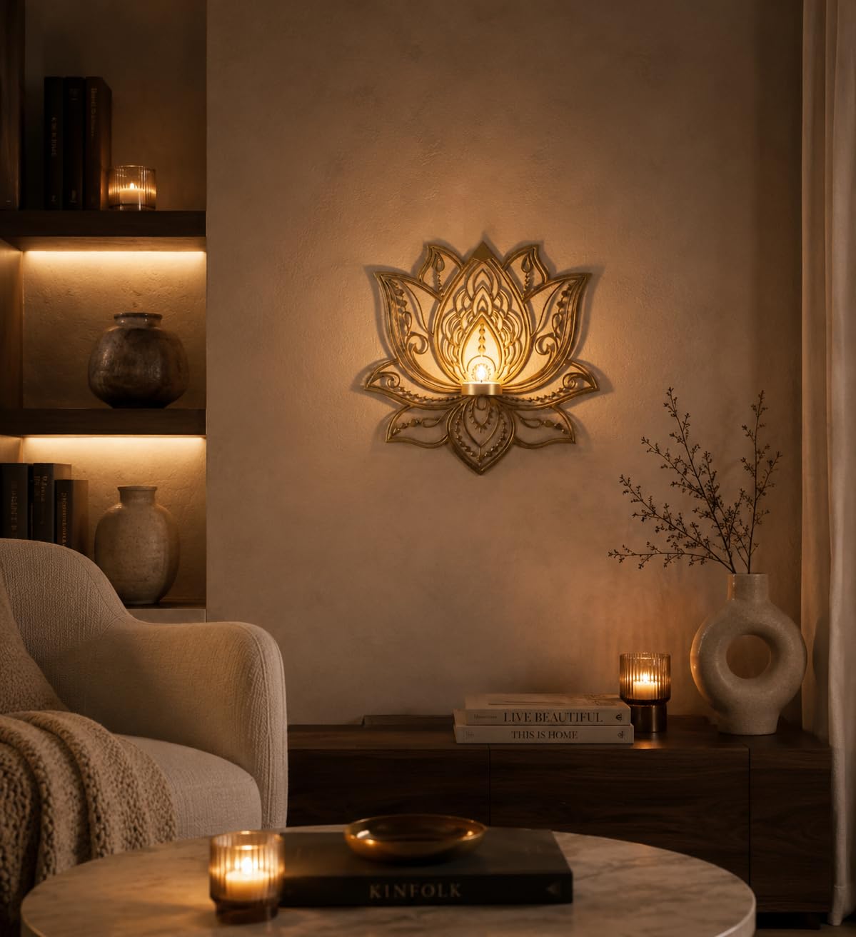 ALCU Wall Hanging Lotus Candle Stand – Elegant Metal Lotus Design for Tealight & Votive Candles | Stunning Home Décor Accent for Living Rooms, Bedrooms, and Meditation Spaces