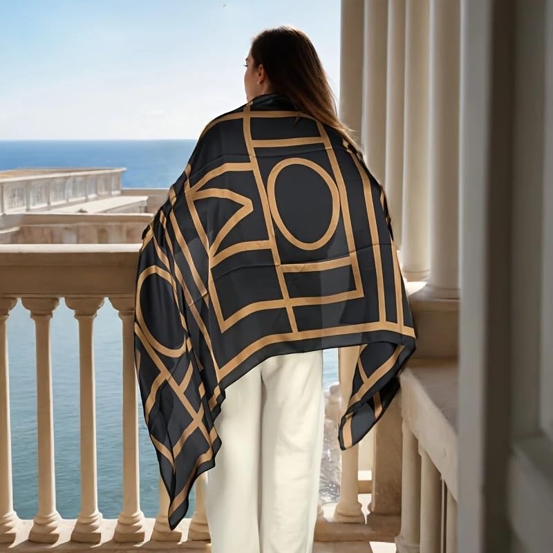 Alexvyan Satin Silk Summer Scarves 170 x 84 cm, Black and Gold Geometric Pattern with Stitched Border, Lightweight Fashion Scarf for Women Sun Protection Stole