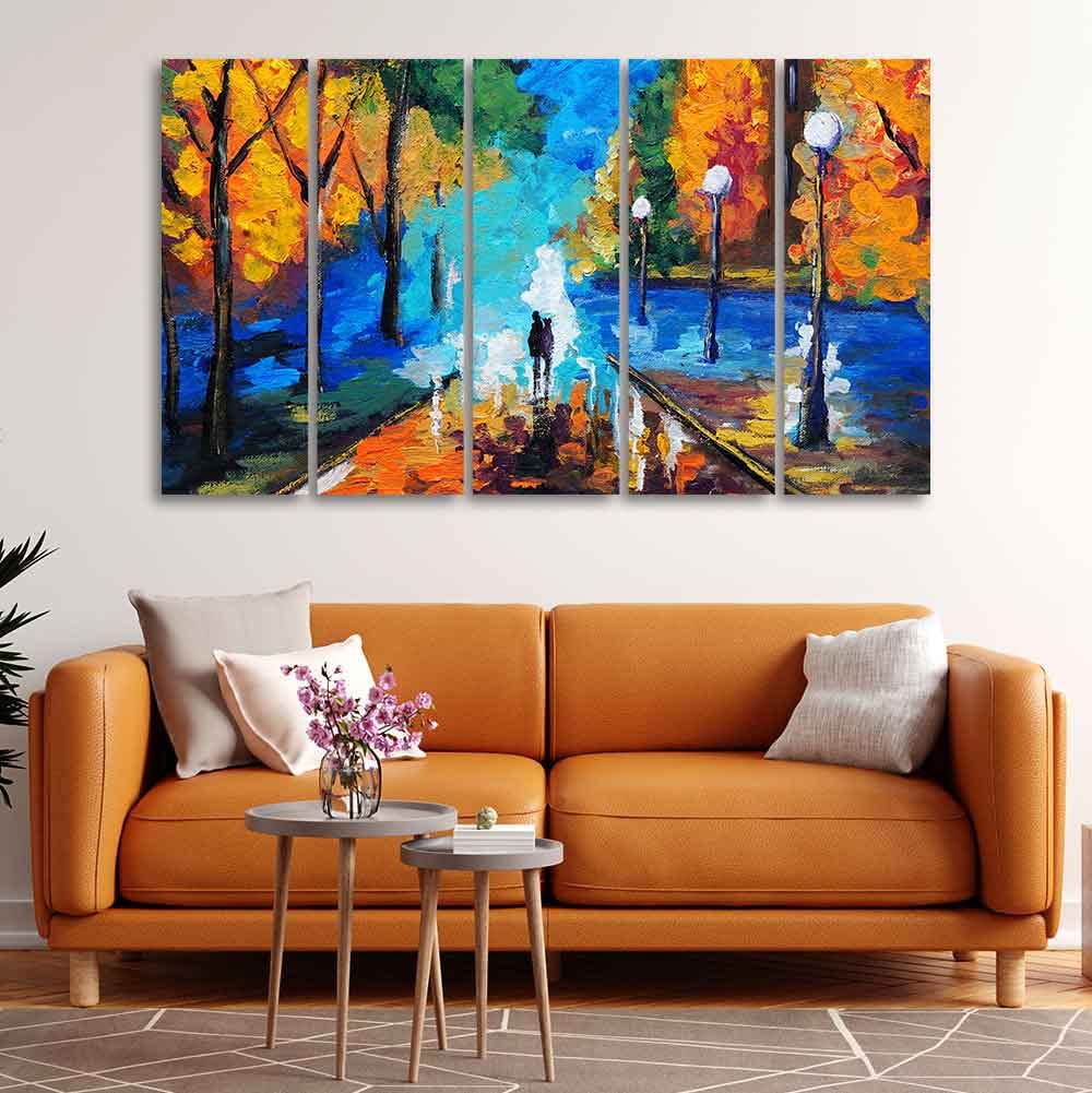 VIBECRAFTS Couple Walking in City Park Canvas Wall Painting of 5 Pieces For Home|Office|Living Room|Gift (PTVC5Pcs4_8612)