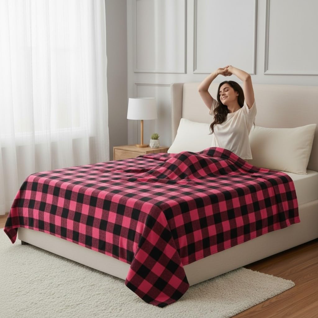 Hornbill Enterprises 100% Pure Cotton Blanket/Single Size Solapur Cotton Chaddar/Bedsheet/Reversible Blanket for Daily use (60x90 inches) Set of 1 (Pink Black) Kafalo