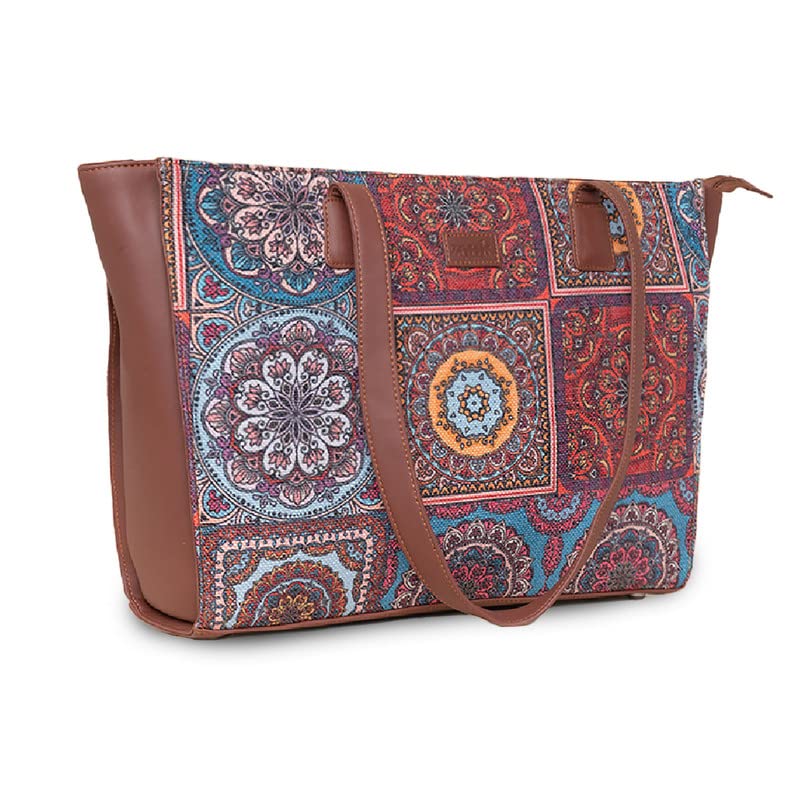 ZOUK Multicolour Mandala Printed Jute Handcrafted Vegan Leather Women's Multicolor Structured Tote Bag