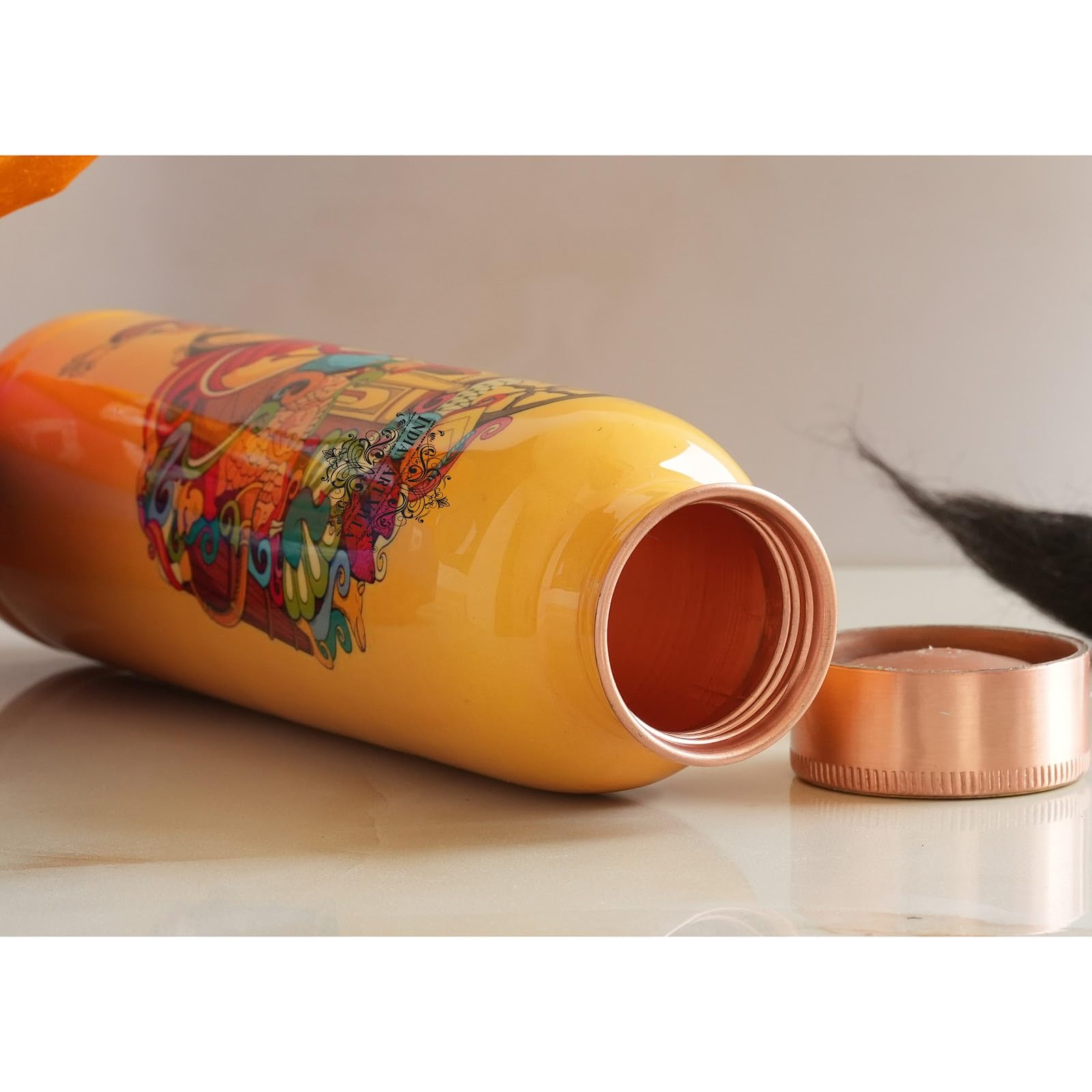 INDIAN ART VILLA Copper Water Bottle 900 ml, “Padharo Mhare Desh” Theme, Rajasthani Meena Printed Design, Handcrafted (0.9 Litre)